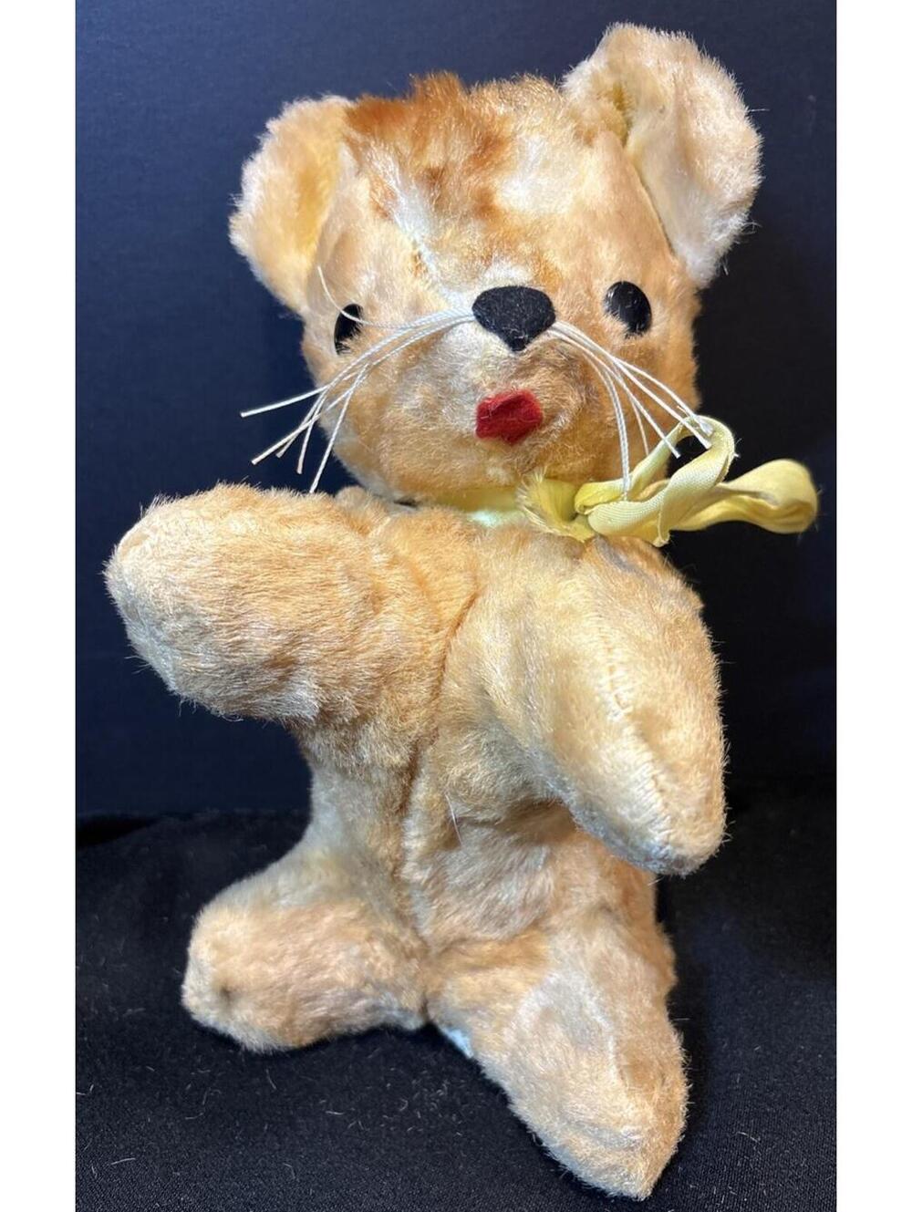 RARE VTG VERY OLD GUND CREATIONS PLUSH CAT KITTEN MOHAIR USA BROWN & YELLOW BOW